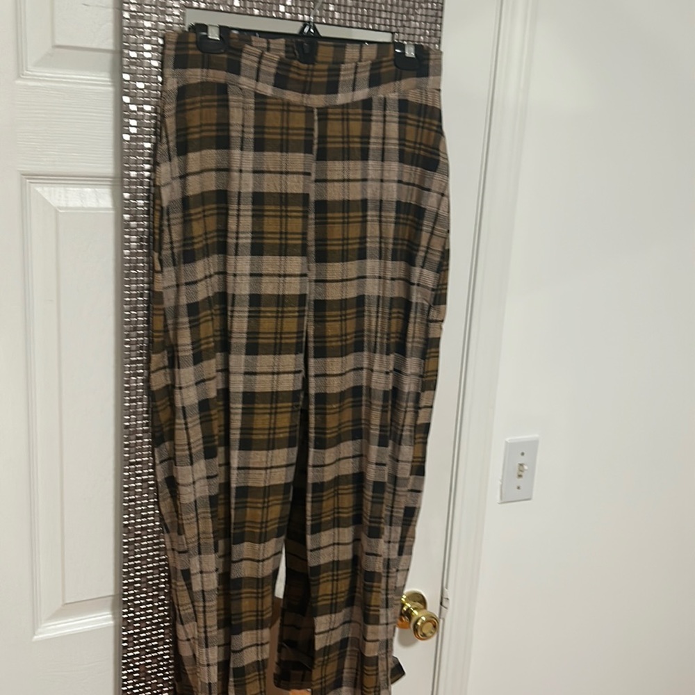 Linen plaid print pants